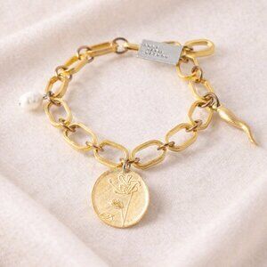 Anne Marie Chagnon Artisan Modernist Gold Chain Bracelet with 3 Charms